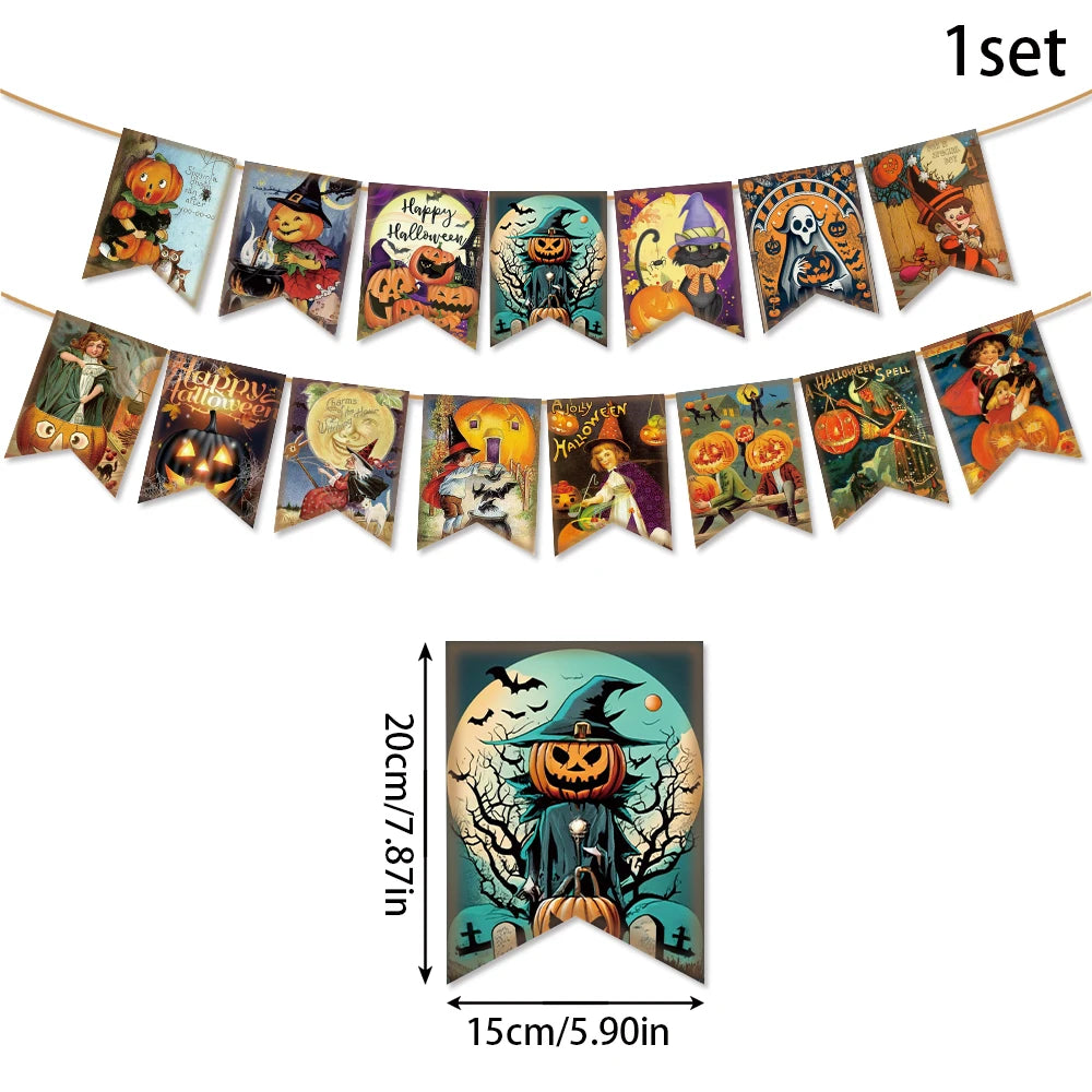 Halloween Paper Hanging Sign Spooky Pumpkin Witch Ghost Front Door Hanger