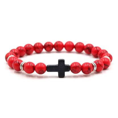 Prayer Natural Stone & Wood Bead Rosary Bracelet with Hematite Cross