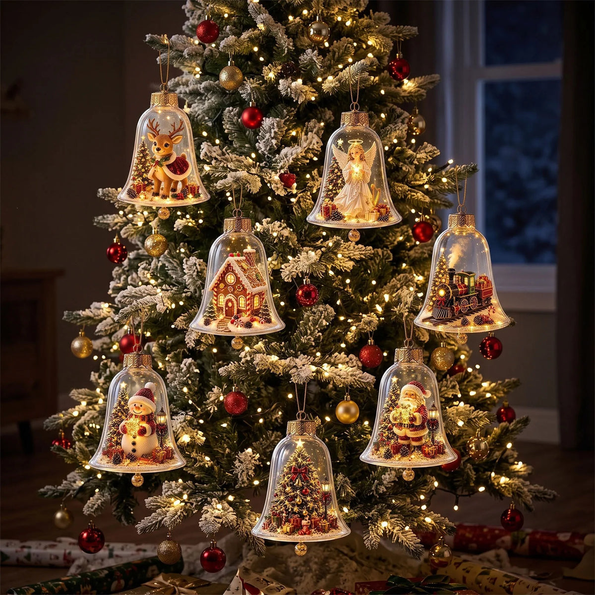 Acrylic Christmas Bell Ornament Decoration 3D Snow Globe Santa Snowman Ball Hanging Xmas Tree Pendant