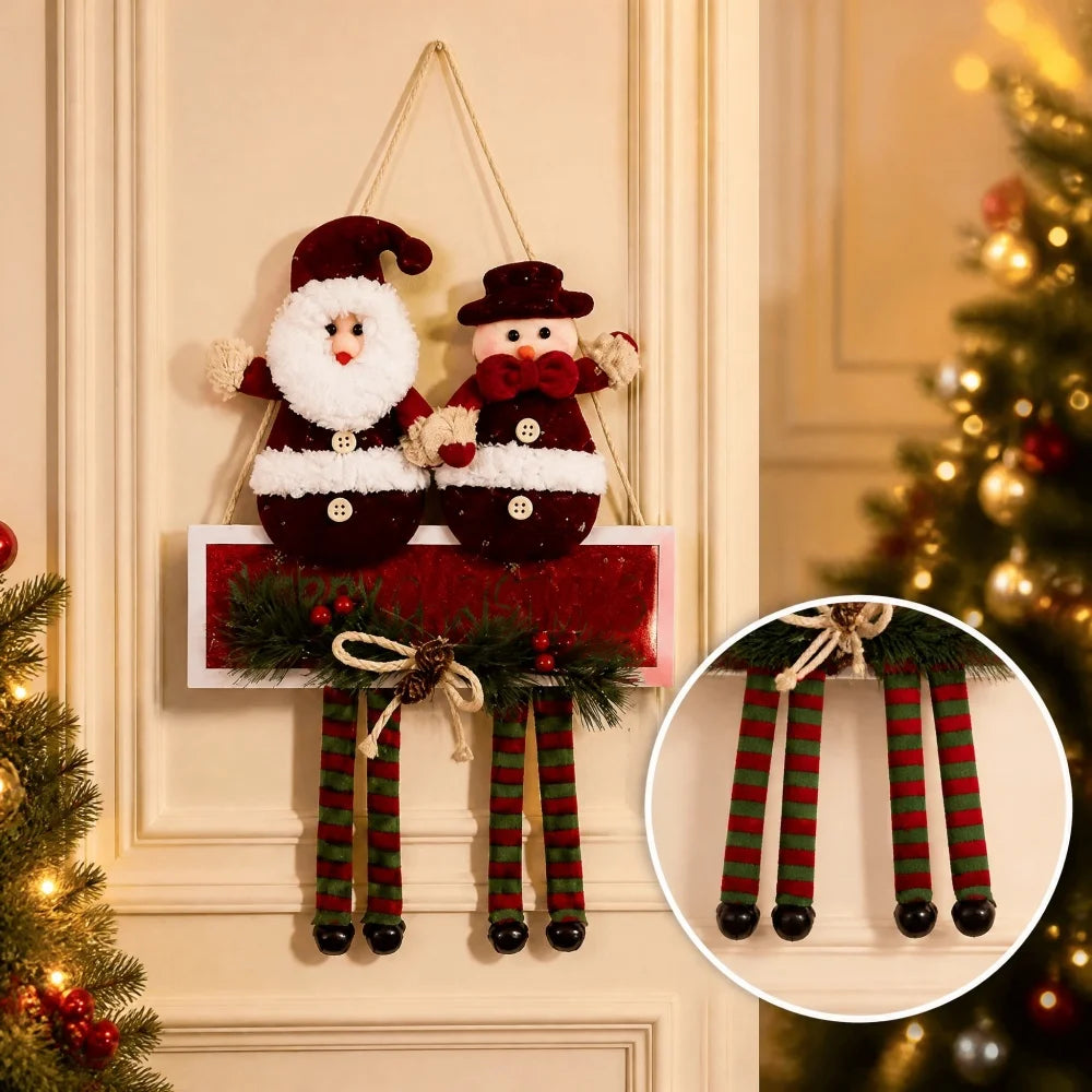 Two Red Fabric Christmas Snowman & Santa Ornaments With Hanging Strings, Featuring White Plush Trim