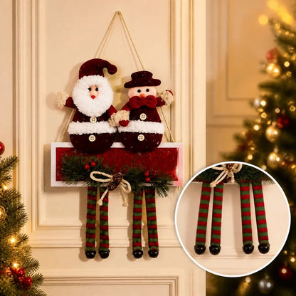 Two Red Fabric Christmas Snowman & Santa Ornaments With Hanging Strings, Featuring White Plush Trim