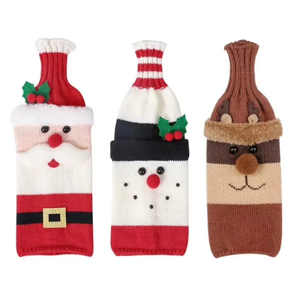 Christmas Wine Bottle Cover Set Santa Snowman Woven Wine Bottle Bags For Christmas Party