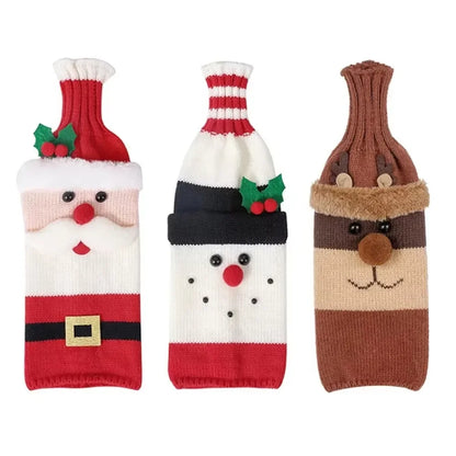 Christmas Wine Bottle Cover Set Santa Snowman Woven Wine Bottle Bags For Christmas Party