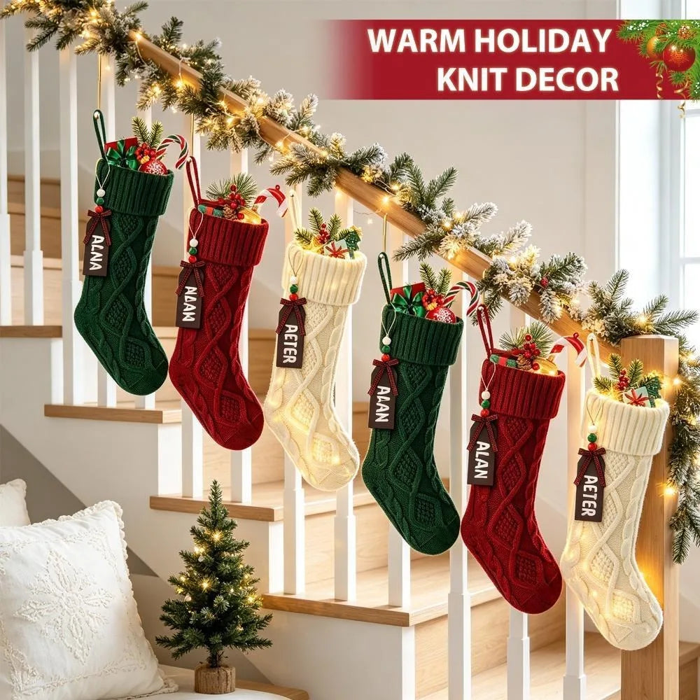 6 Pack Christmas Stockings, Personalized Cable Knit Christmas Stocking with Wooden Name Tag