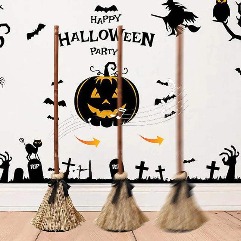 Halloween Floating Witch Broom with Witch Hat Haunted Dancing Moving Prop with Ghost