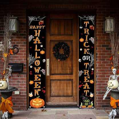 Halloween welcome banner, 1 piece, design includes pumpkins, spider webs and skulls, terrifying decoration on the wall.