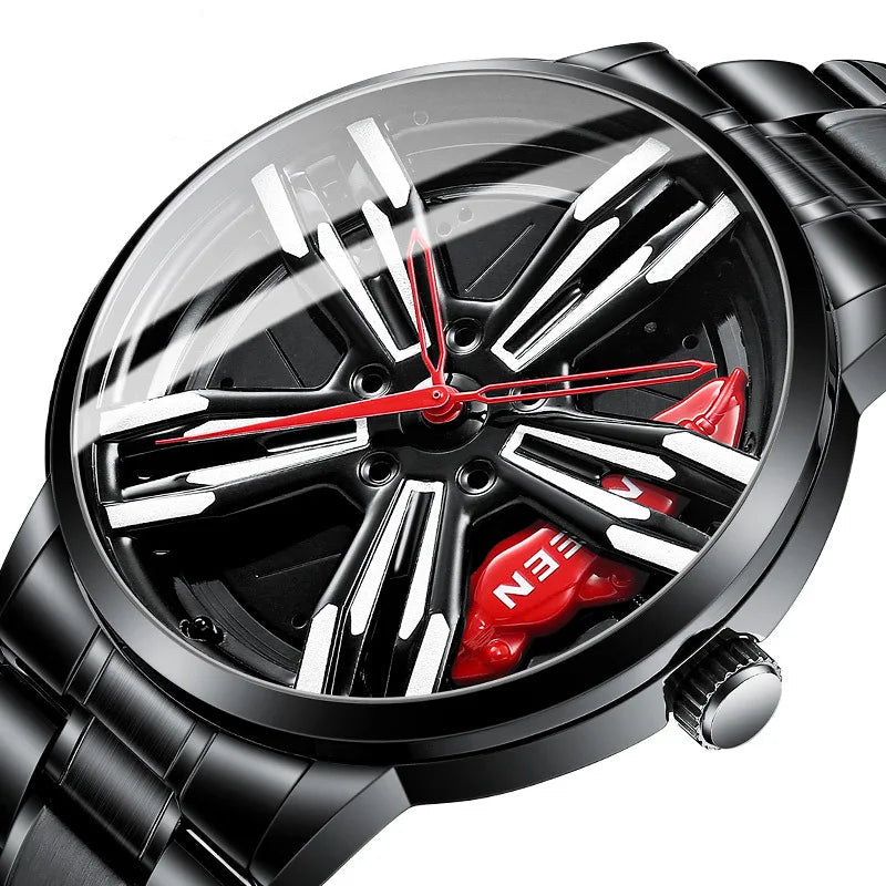 Custom Super Car Rim Design Stainless Steel Black Retro Waterproof Racing Watch for Men