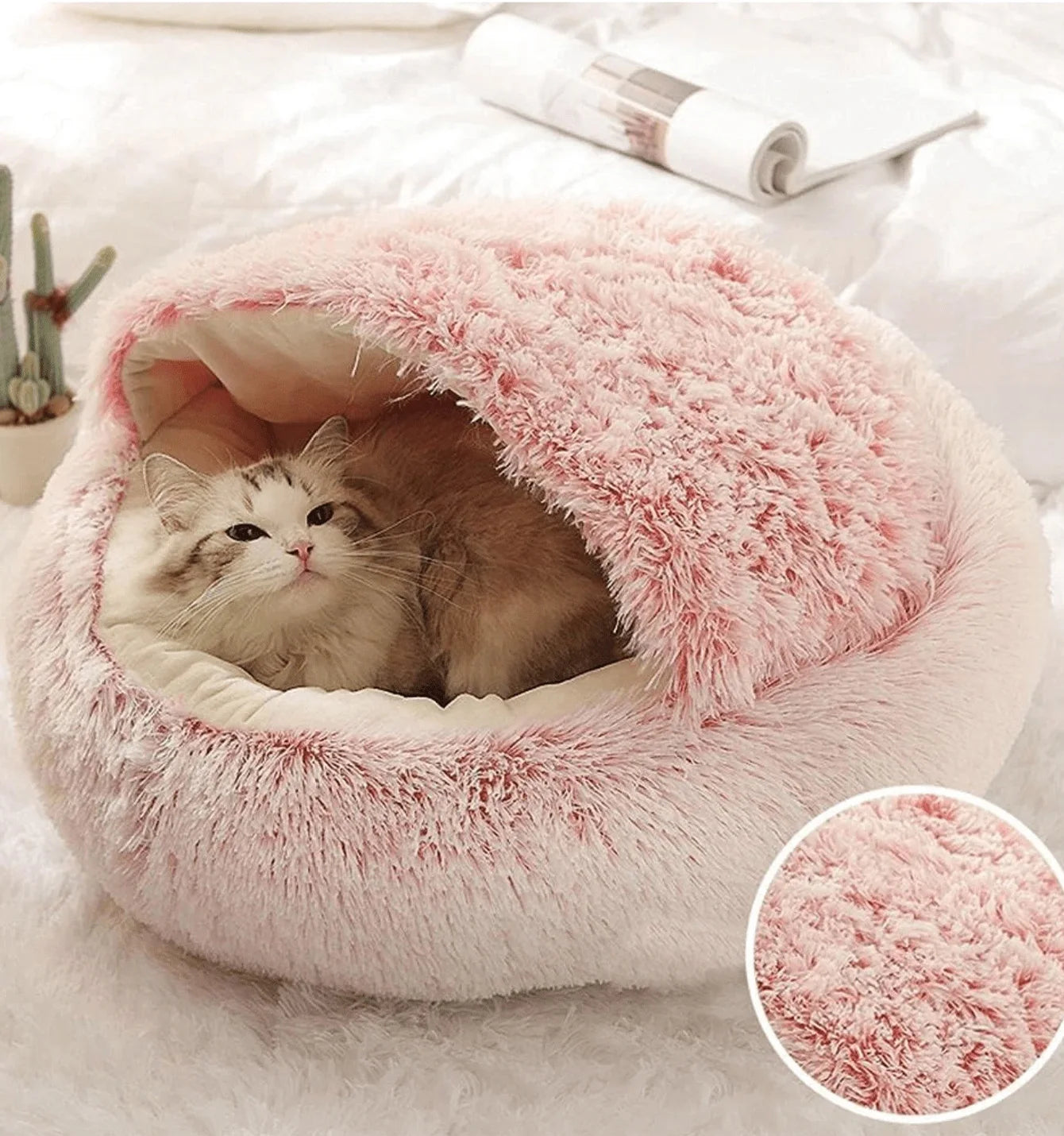 Plush Hooded Round Fluffy Soft  2 in 1 Sleeping Nest Cave for Small Dogs