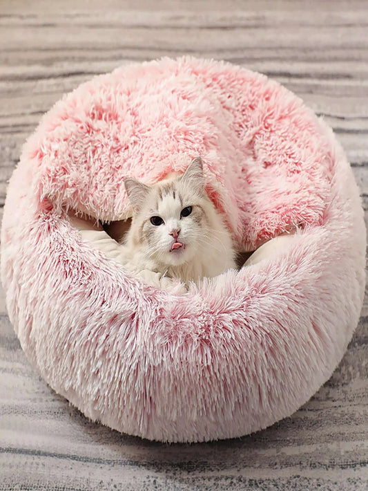 Plush Hooded Round Fluffy Soft  2 in 1 Sleeping Nest Cave for Small Dogs