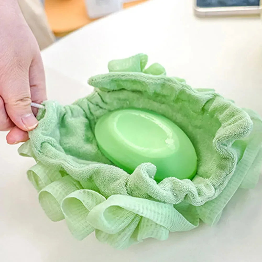 2-In-1 Bath Ball Towel Loofah With Drawstring Closure For Soap