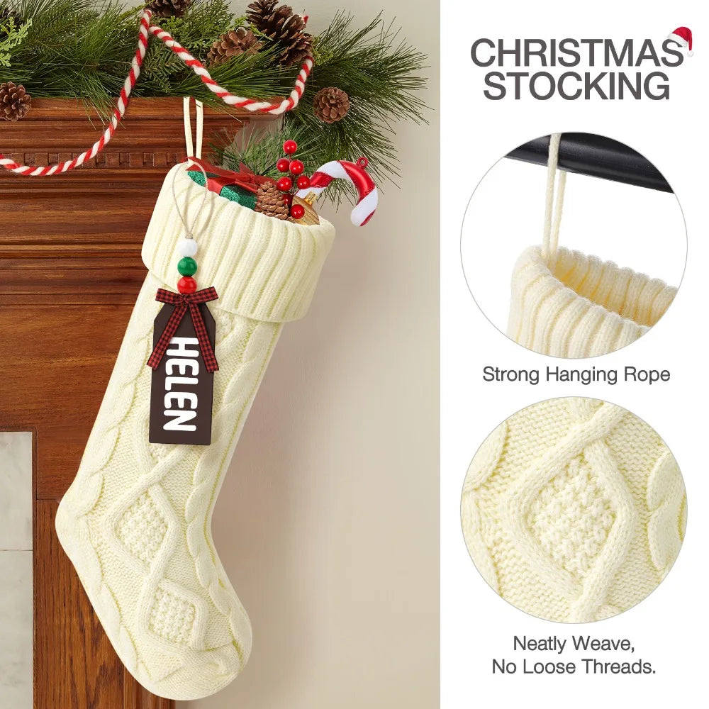 6 Pack Christmas Stockings, Personalized Cable Knit Christmas Stocking with Wooden Name Tag