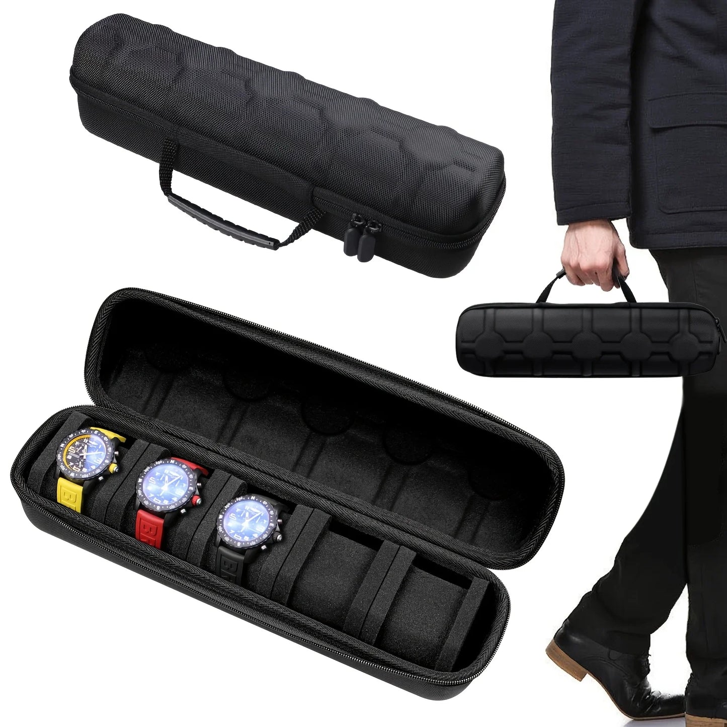 5-Slot Watch Case | Hard Shell Travel Organizer with Pillow Insert