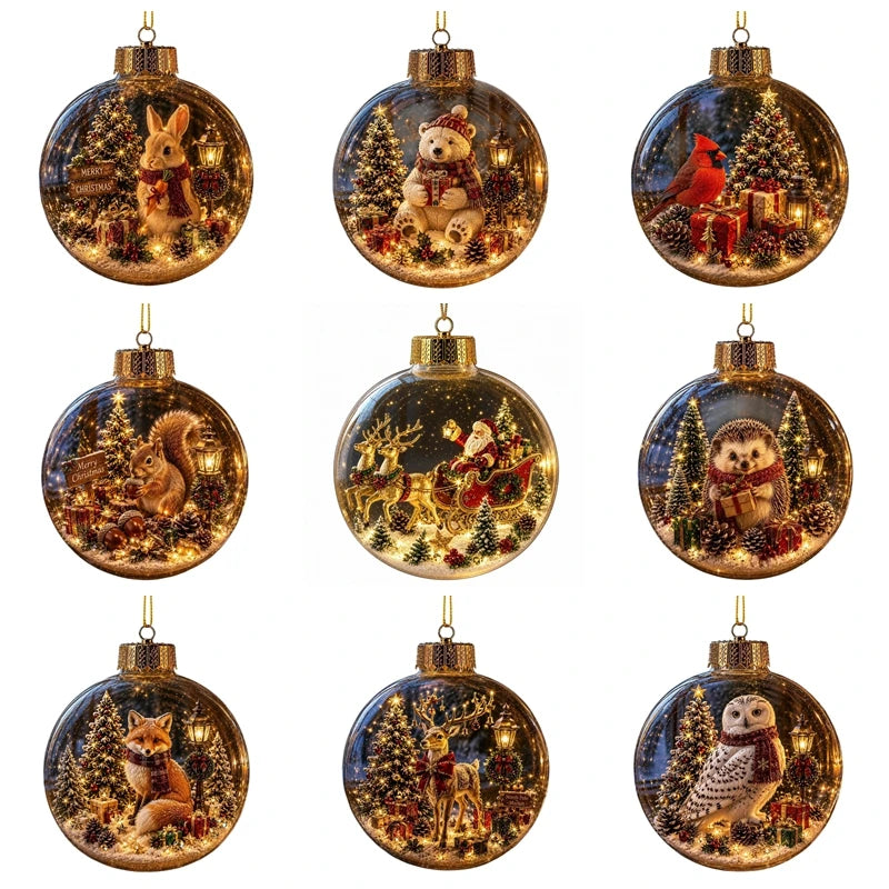 Acrylic Christmas Bell Ornament Decoration 3D Snow Globe Santa Snowman Ball Hanging Xmas Tree Pendant