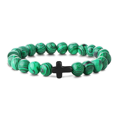 Prayer Natural Stone & Wood Bead Rosary Bracelet with Hematite Cross