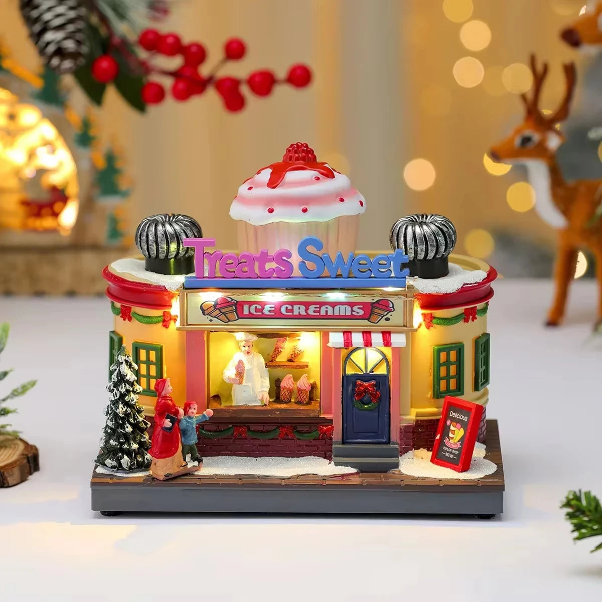 Christmas Rotate Lighted Music Box Resin Santa Ornament