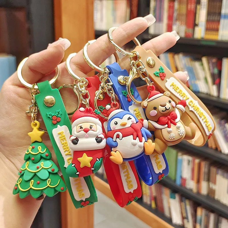 Christmas Cute Cartoon Pendant PVC Keychain Santa Claus Candy Reindeer Hat Tree