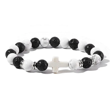Prayer Natural Stone & Wood Bead Rosary Bracelet with Hematite Cross
