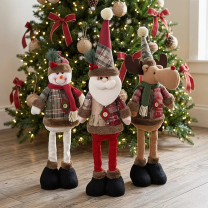 Retractable Christmas Gnome Doll, Vintage Snowflake Plaid Fabric Design