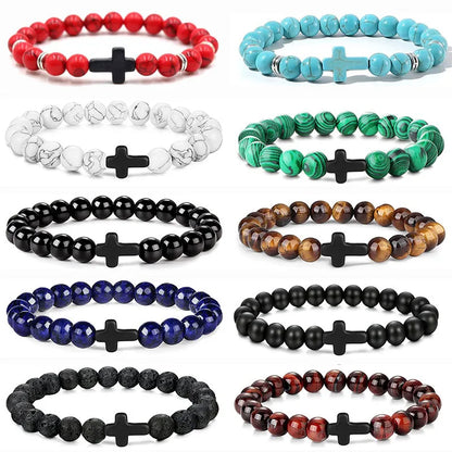 Prayer Natural Stone & Wood Bead Rosary Bracelet with Hematite Cross
