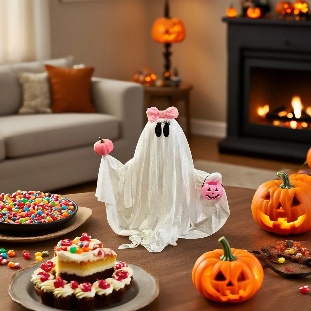 Halloween Ghost Holding Pink Pumpkin Halloween Decorations Indoor Spooky Ghost