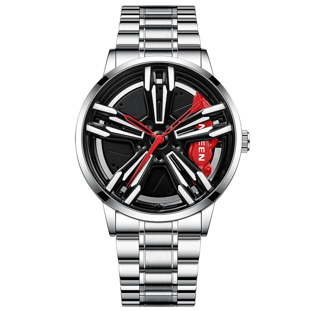 Custom Super Car Rim Design Stainless Steel Black Retro Waterproof Racing Watch for Men