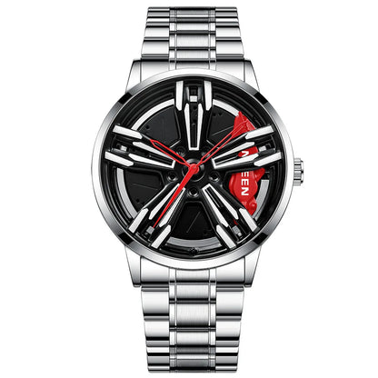 Custom Super Car Rim Design Stainless Steel Black Retro Waterproof Racing Watch for Men