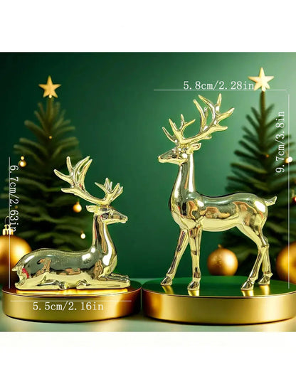 2-Piece Gold-Plated Reindeer Ornament Set, Standing and Lying desktop Ornaments