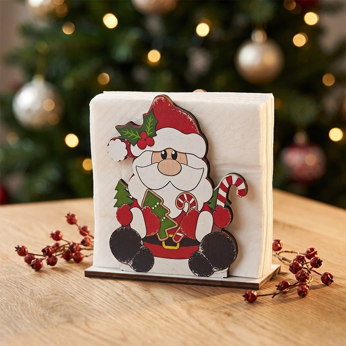 Santa Claus Wooden Napkin Holder Christmas Table Decor Desktop Tissue Storage Rack