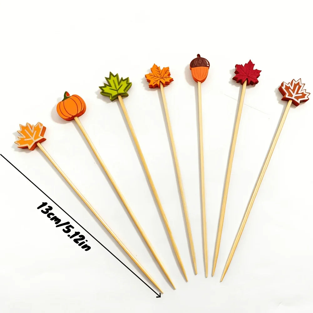 Halloween party fruit decorations, pumpkin, maple leaf, acorn shaped bamboo sticks