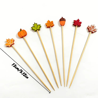 Halloween party fruit decorations, pumpkin, maple leaf, acorn shaped bamboo sticks