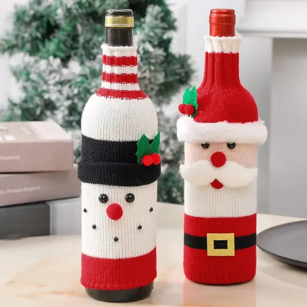 Christmas Wine Bottle Cover Set Santa Snowman Woven Wine Bottle Bags For Christmas Party