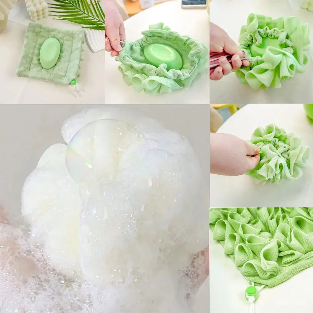 2-In-1 Bath Ball Towel Loofah With Drawstring Closure For Soap