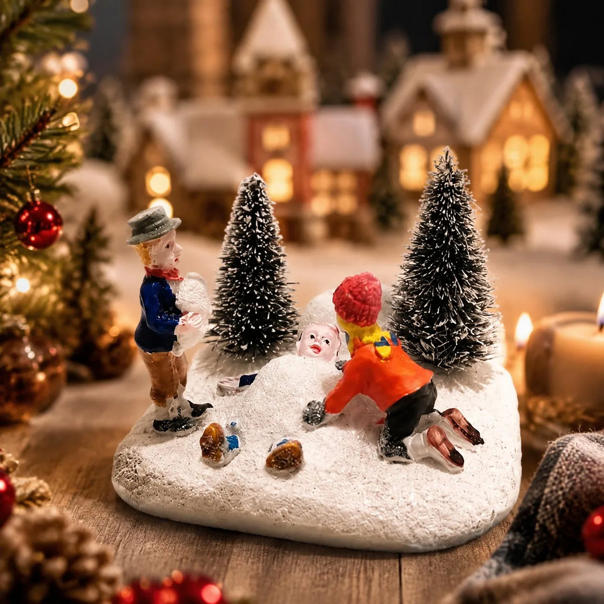 Christmas Village Set Accessories, Kids Playing Figurine,