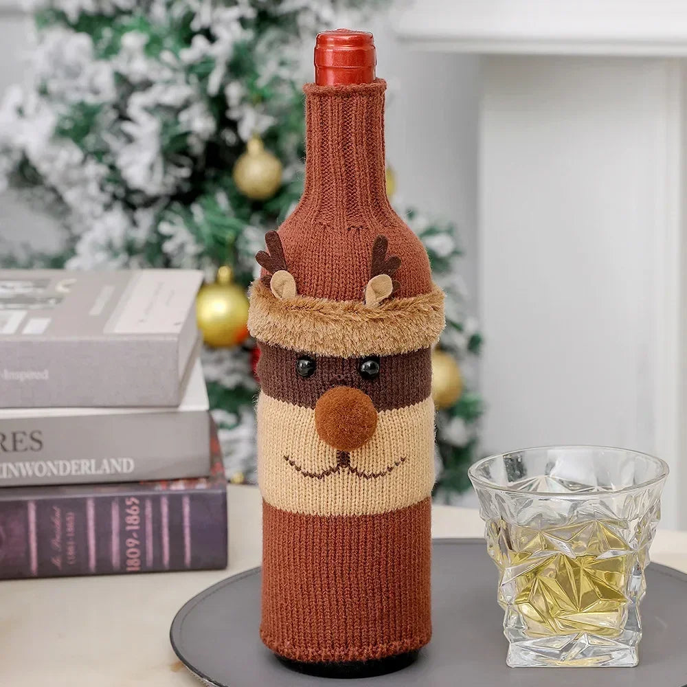 Christmas Wine Bottle Cover Set Santa Snowman Woven Wine Bottle Bags For Christmas Party