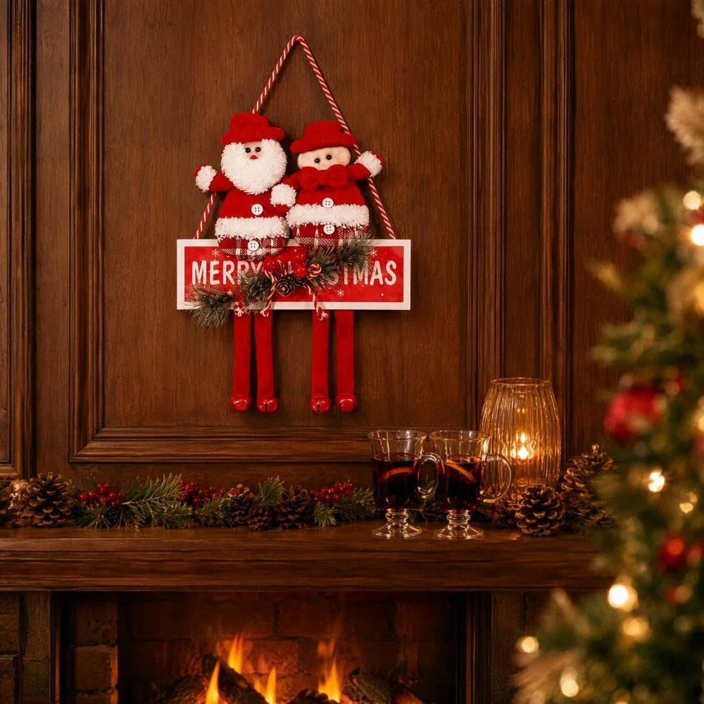 Two Red Fabric Christmas Snowman & Santa Ornaments With Hanging Strings, Featuring White Plush Trim