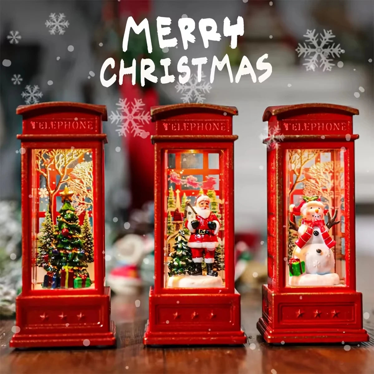 Christmas Phone Booth Decoration with Santa Claus, Snowman & Tree