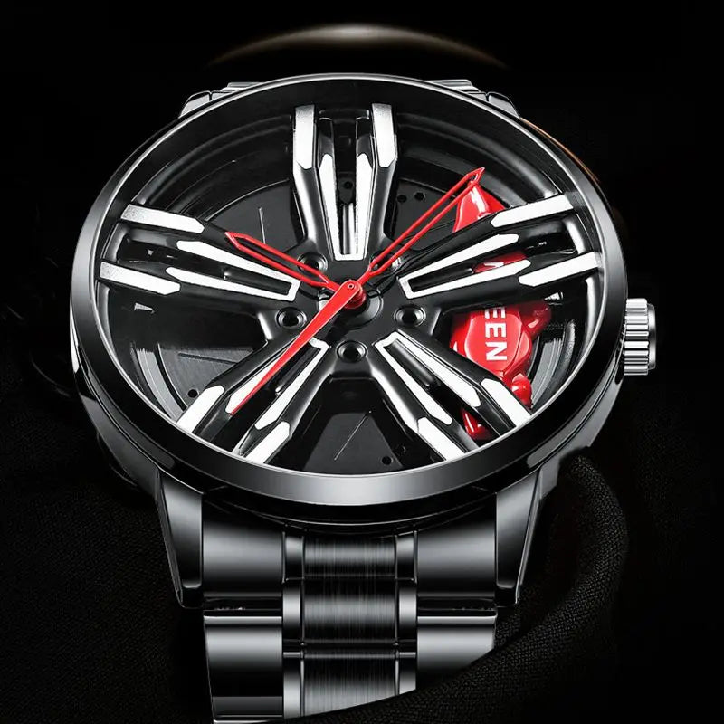 Custom Super Car Rim Design Stainless Steel Black Retro Waterproof Racing Watch for Men