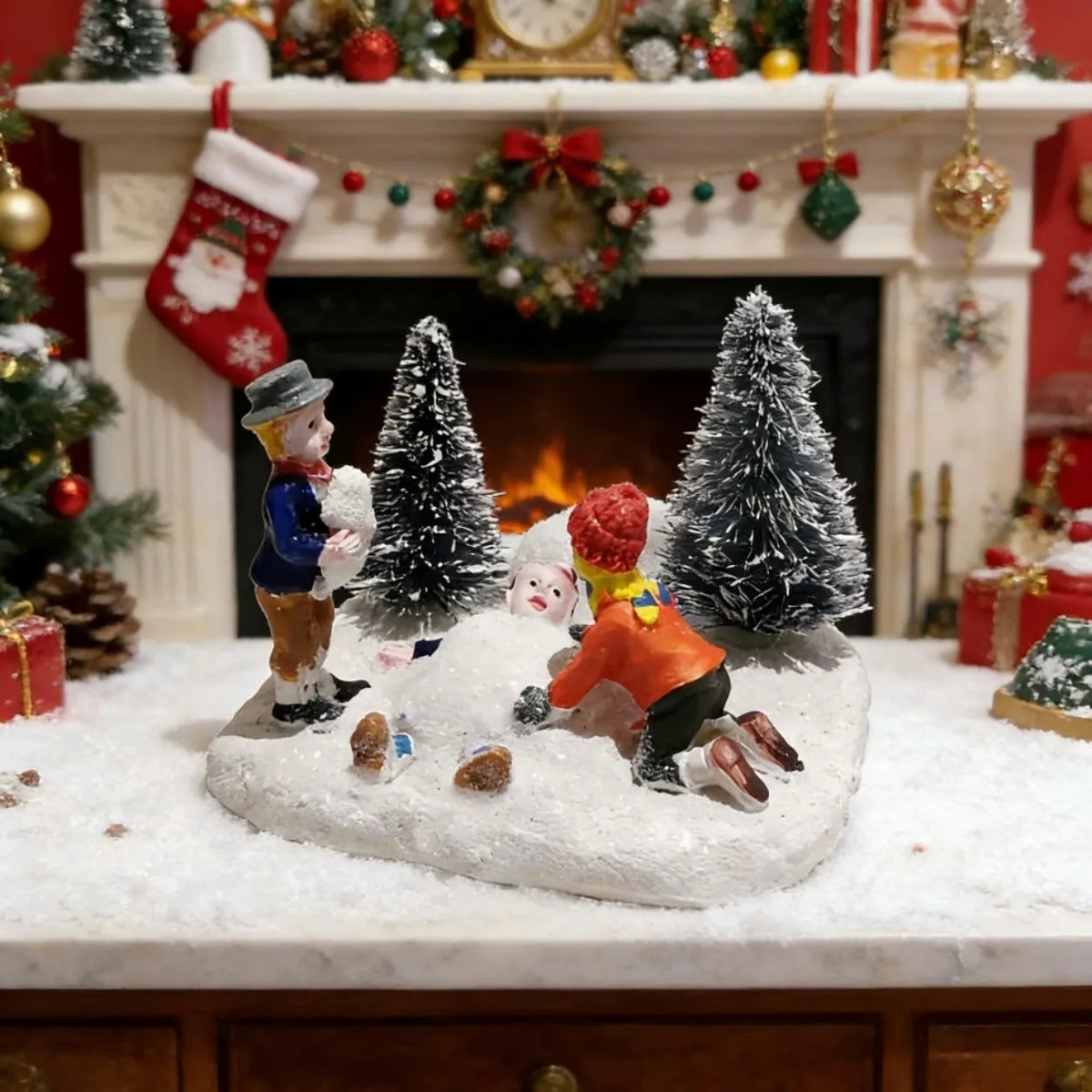 Christmas Village Set Accessories, Kids Playing Figurine,