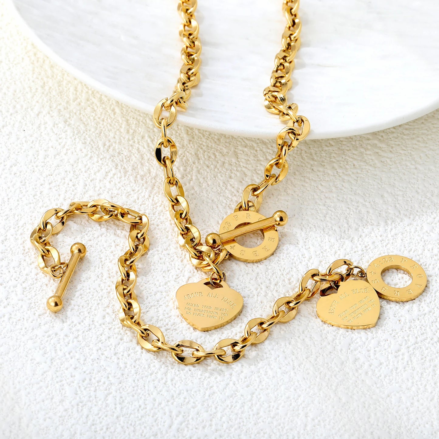 Golden Heart Pendant Necklace & Bracelet Set