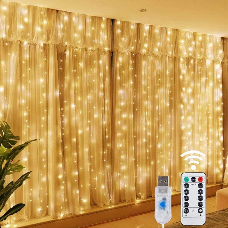Christmas Lights LED Fairy String Curtain Lights 8 Mode Remote USB Festoon Christmas Decor