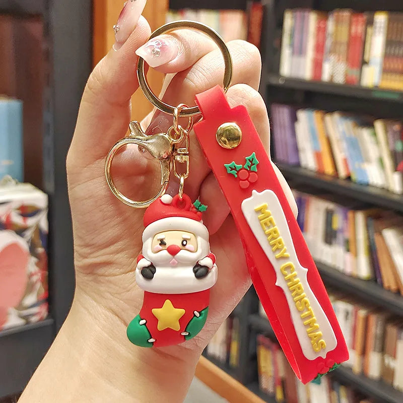 Christmas Cute Cartoon Pendant PVC Keychain Santa Claus Candy Reindeer Hat Tree