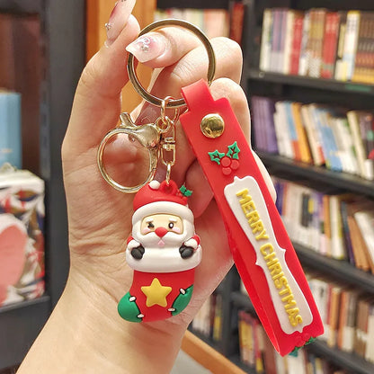 Christmas Cute Cartoon Pendant PVC Keychain Santa Claus Candy Reindeer Hat Tree