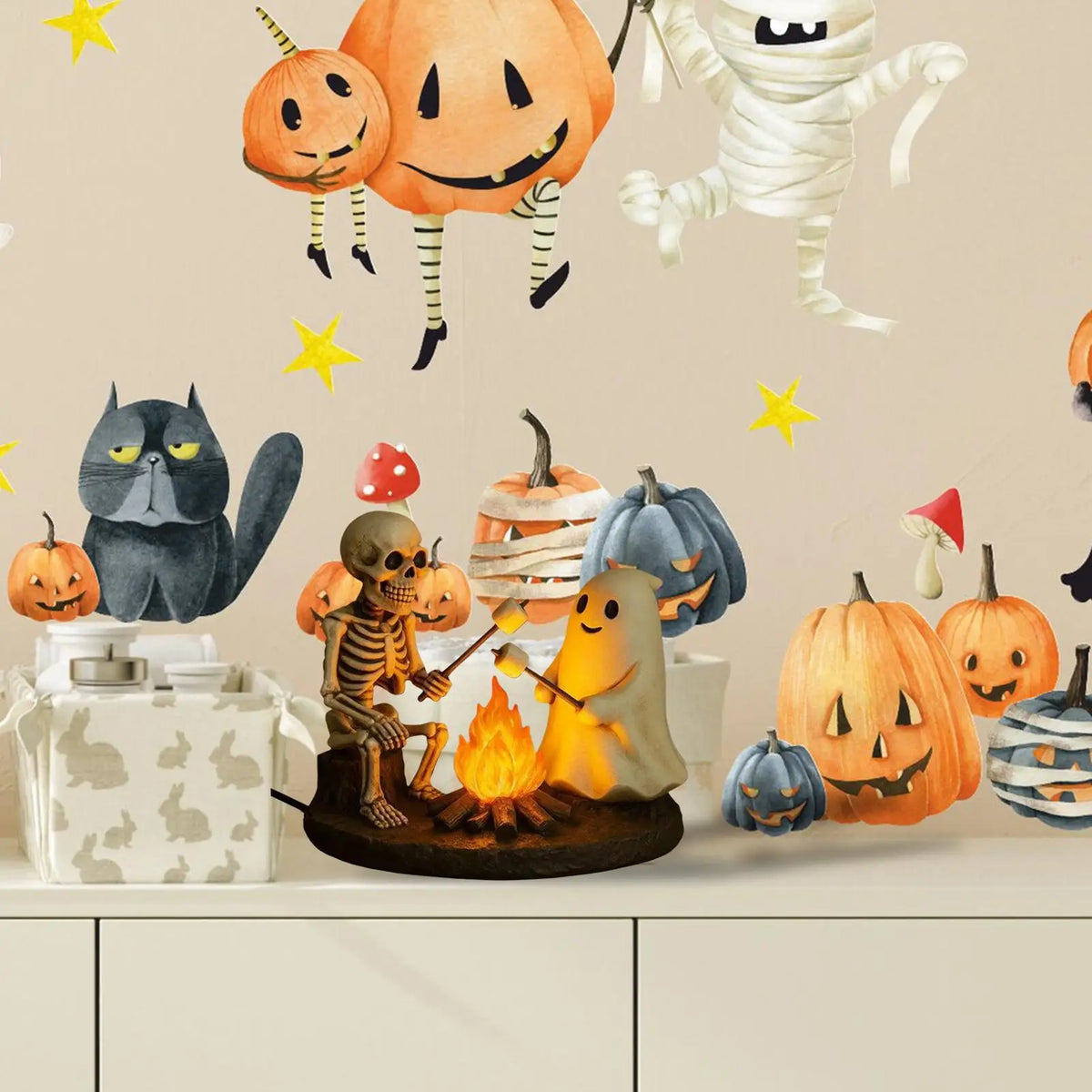 Halloween Skeleton & Ghost Bonfire Night Lamp, Flickering Campfire Nightlight