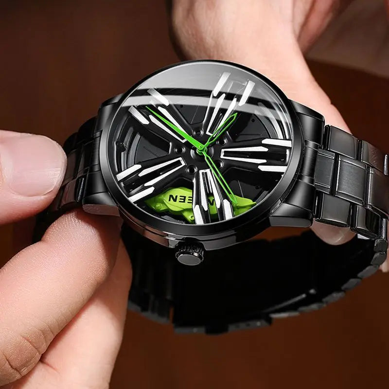 Custom Super Car Rim Design Stainless Steel Black Retro Waterproof Racing Watch for Men