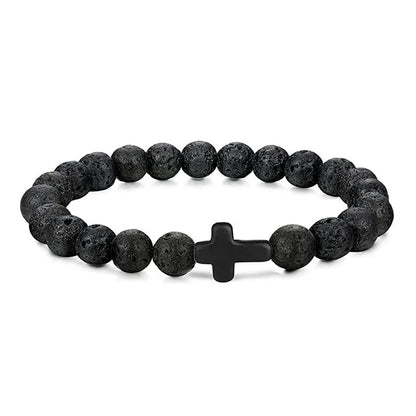Prayer Natural Stone & Wood Bead Rosary Bracelet with Hematite Cross
