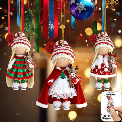 12Pcs Classic Long-haired Christmas Doll Design High-quality 2D Flat Wooden Pendant Christmas Doll