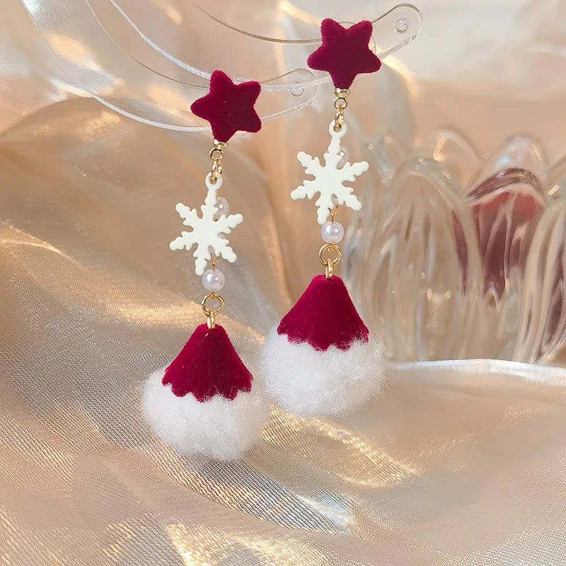 Merry Christmas Velvet Elk Bowknot Dangle Earrings For Women Red Hair Ball