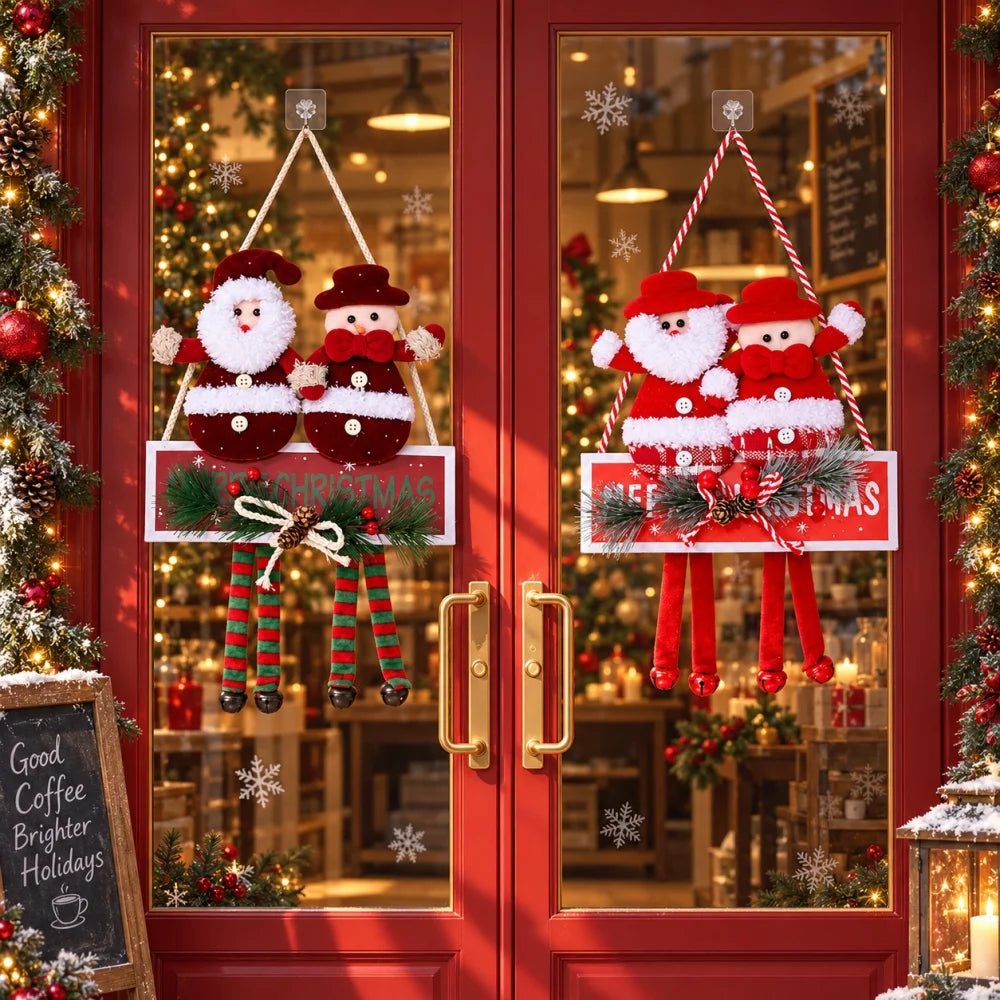 Two Red Fabric Christmas Snowman & Santa Ornaments With Hanging Strings, Featuring White Plush Trim