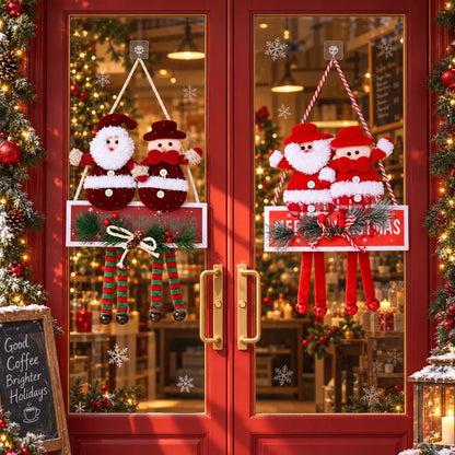 Two Red Fabric Christmas Snowman & Santa Ornaments With Hanging Strings, Featuring White Plush Trim