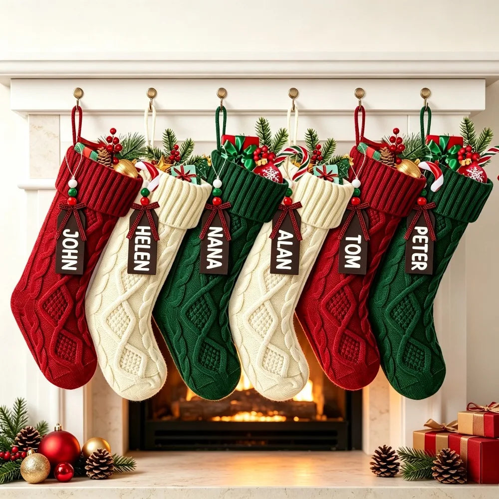 6 Pack Christmas Stockings, Personalized Cable Knit Christmas Stocking with Wooden Name Tag